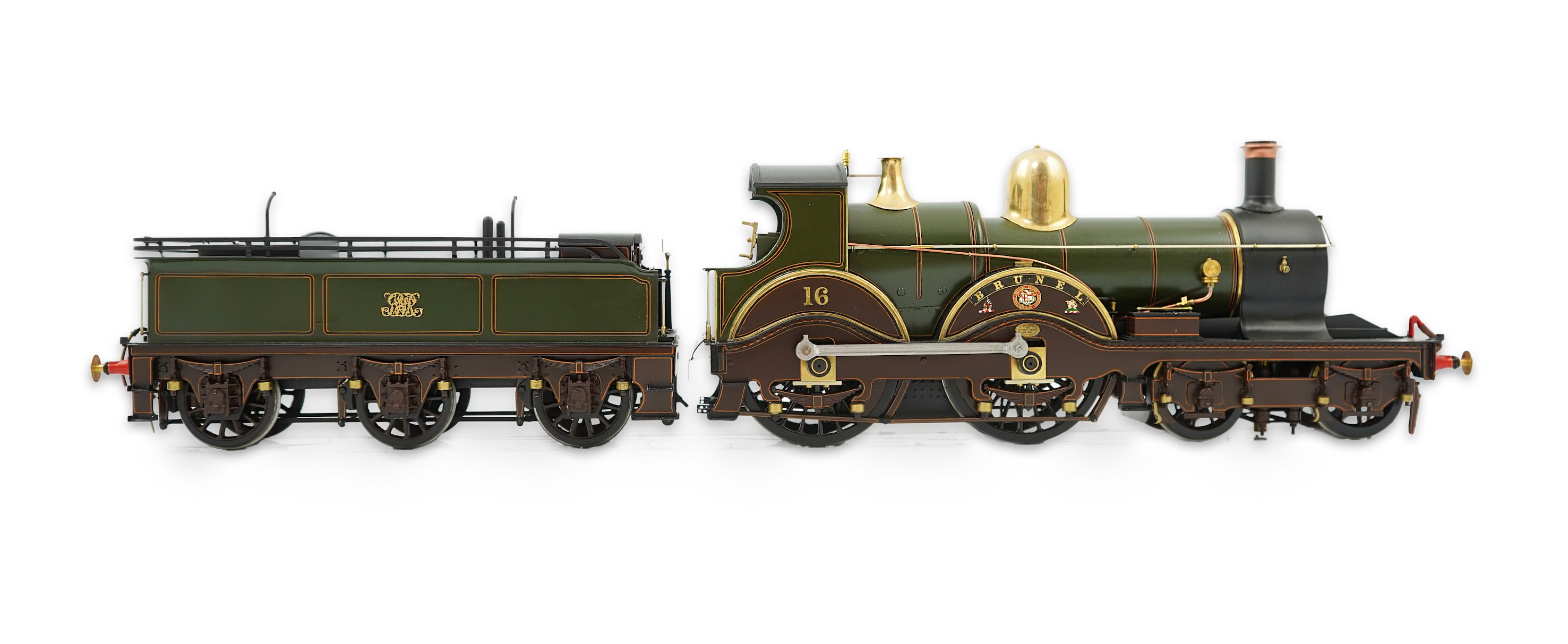 A Gauge One model of GWR Armstrong Class, Brunel 16, 4-4-0 tender locomotive, constructed, painted and lined to a very high standard and left unpowered to allow room for the detailed fire box.